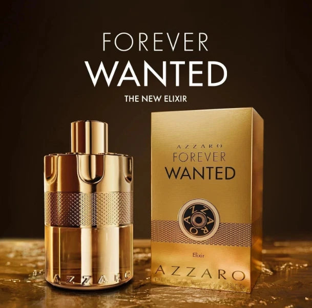 Azzaro Forever Wanted Eau de Parfum bottle and packaging box on a dark brown background with gold reflective surface below. Large text at the top reads 'FOREVER WANTED THE NEW ELIXIR'.