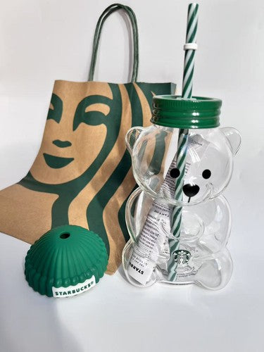 Starbucks Christmas green hat teddy bear glass cold cup tumbler 20oz festive design